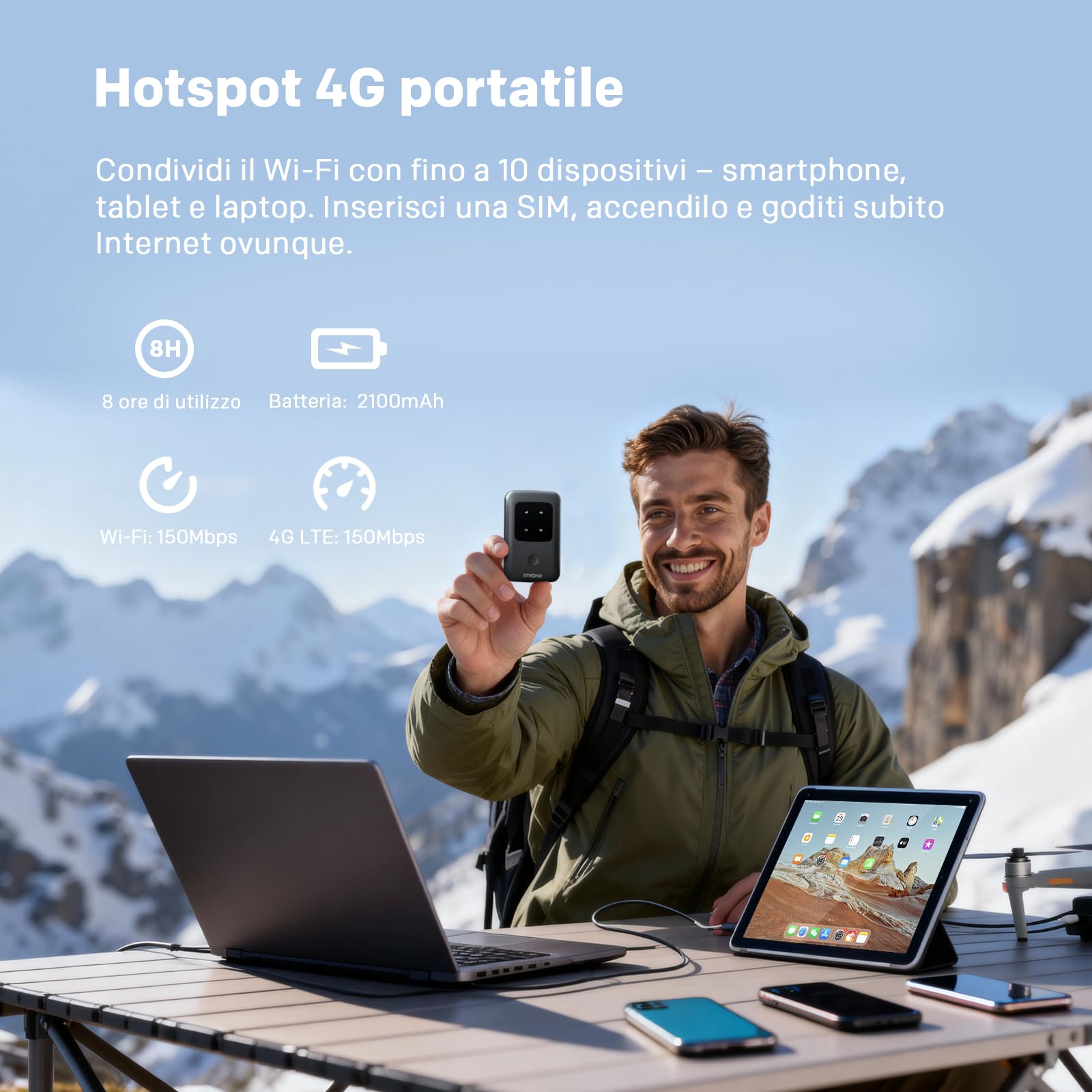 STRONG Saponetta WiFi Portatile con SIM, 4G LTE CAT4 150Mbps DL, Hotspot WiFi Tascabile da Viaggio, Connette Fino a 10 Dispositivi, Batteria Ricaricabile, Porta USB-C, Funzione Power Bank(150C)