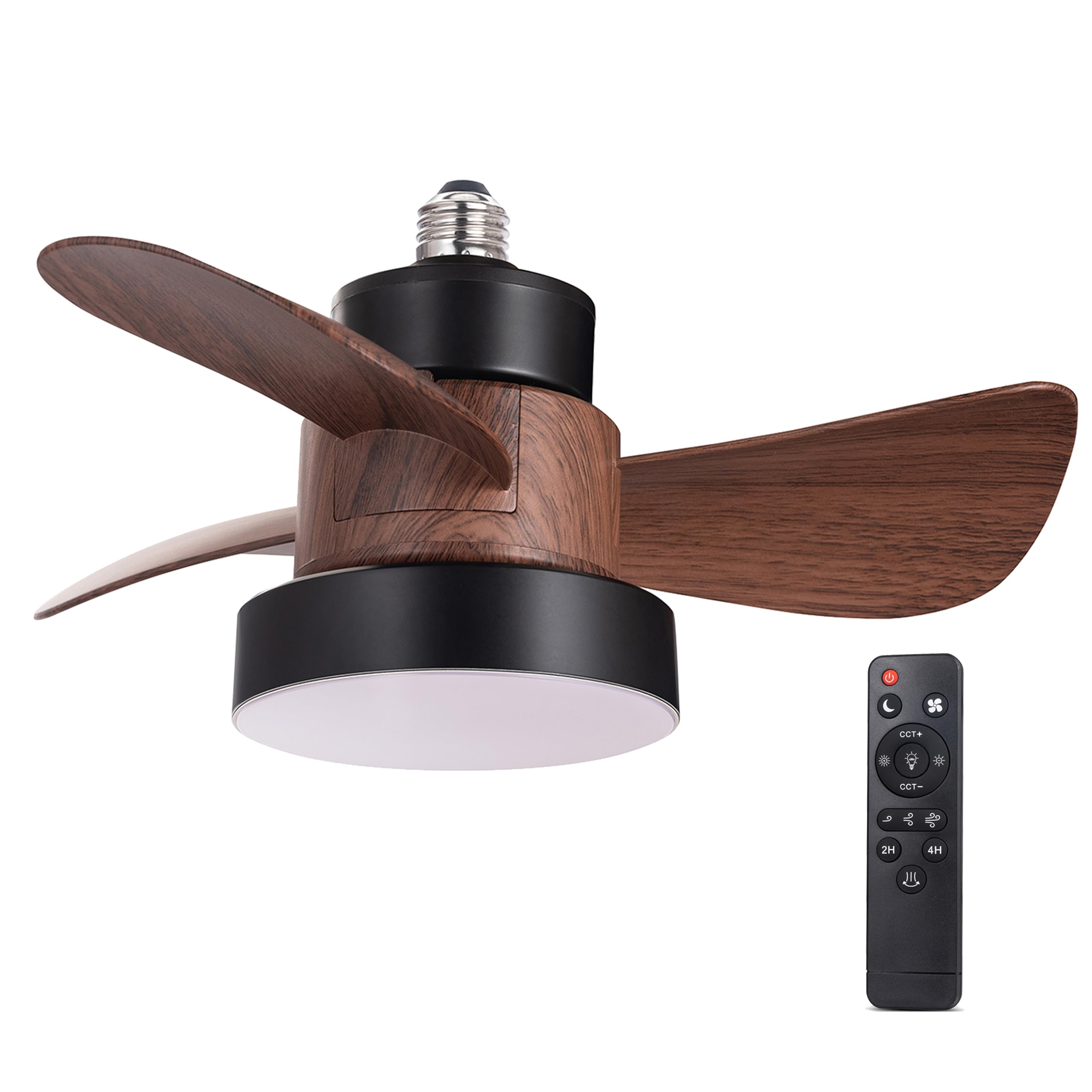 wonderlamp Bombilla con aspas LED Debu Casquillo E27, Ventilador bombilla 3 CCT, Intensidad Regulable 15W, Silencioso, Negro+Madera