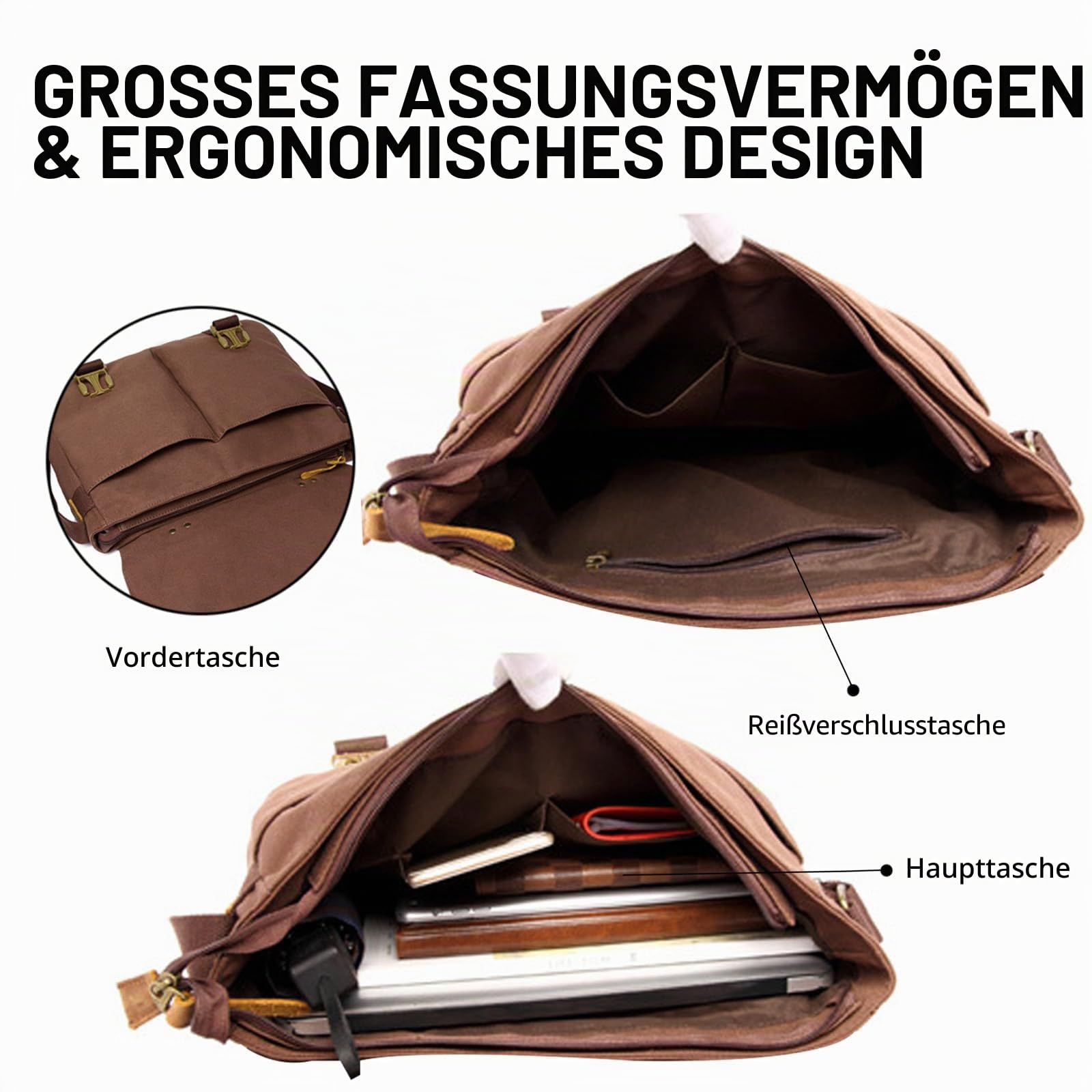 FANDARE Retro Umhängetaschen Herren Aktentasche Schultertasche Groß Arbeitstasche Leinwand Groß Messenger Bag Damen Arzttasche Tragetasche Aktenkoffer Lehrertasche für Reisen, Geschäft, Schule