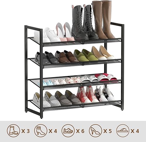 Miniatura 4 de Zapatero de metal para armario, entrada, organizador de zapatos de 4 niveles, estantes planos o angulares ajustables, capacidad para hasta 20 pares