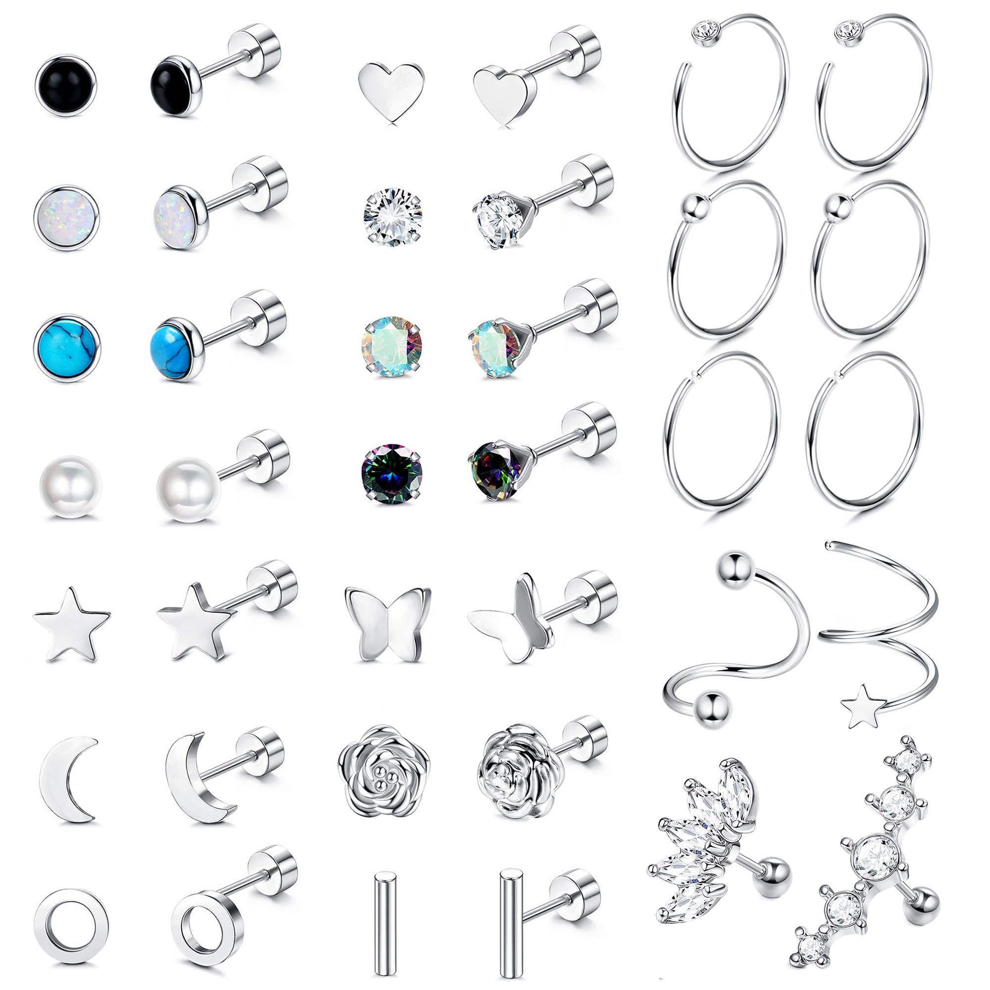 JeweBella19 Pares Pequeños Pendientes Acero Quirurgico para Mujeres Hombres Hipoalergénicos Pendientes Cartílago Pendientes de Aro Pendientes Perlas Turquesa CZ Juego de Helix Piercing Pendientes