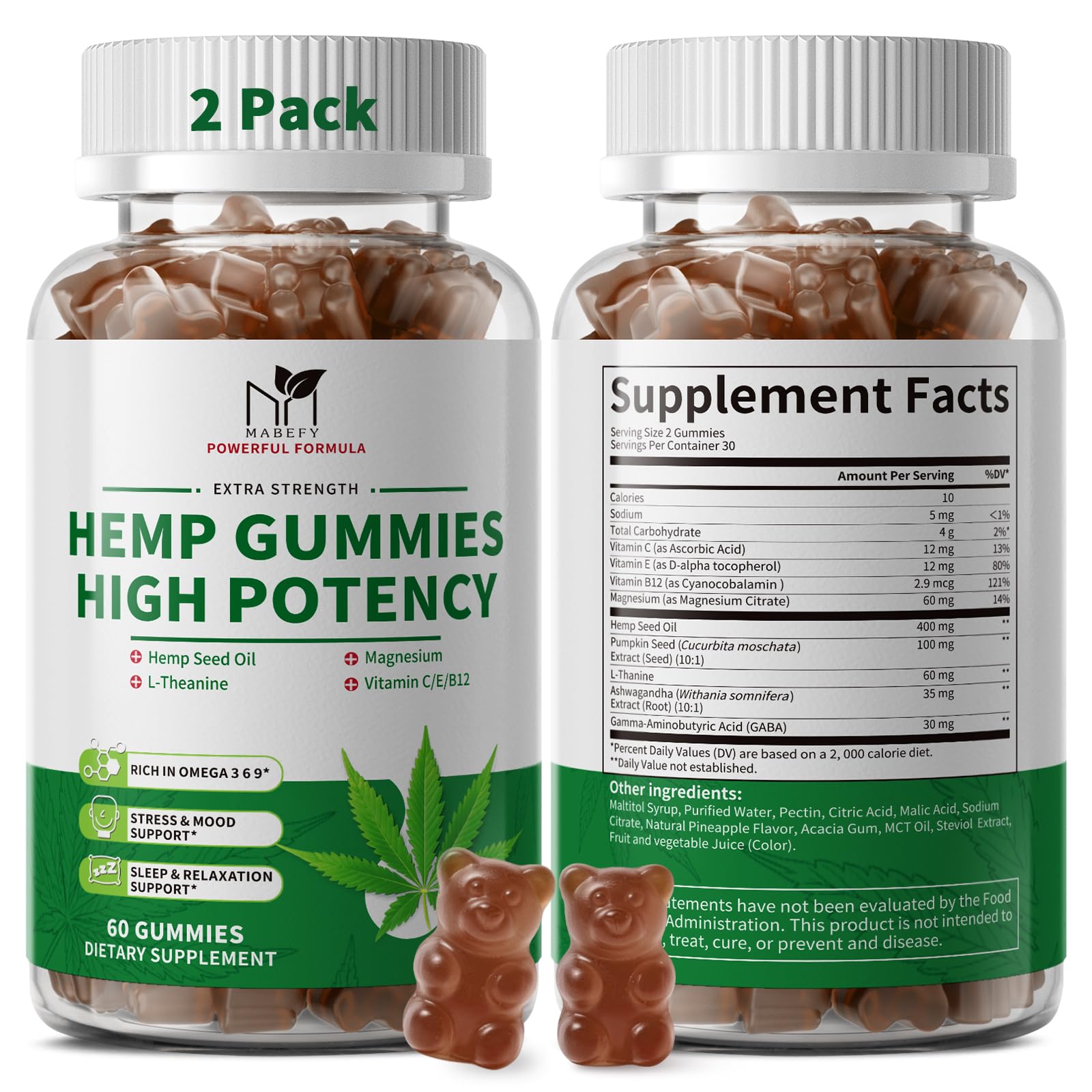 2 Pack Hemp Gummies for Sleep, Stress, Relax & Calm, High Potency Extra Strength with Magnesium, Vitamins, Pumpkin Seed, Ashwagandha, GABA, L-Theanine, Pineapple Flavor, 120 Bears Gummies, Vegan 60 Count (Pack of 2)
