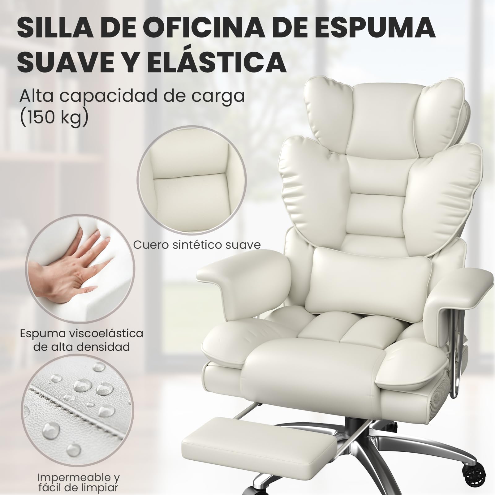rattantree Sillón Ejecutivo ergonómico con reposapiés, Silla de Oficina Piel sintética con Respaldo Alto, Silla Escritorio para Oficina y teletrabajo, Blanco