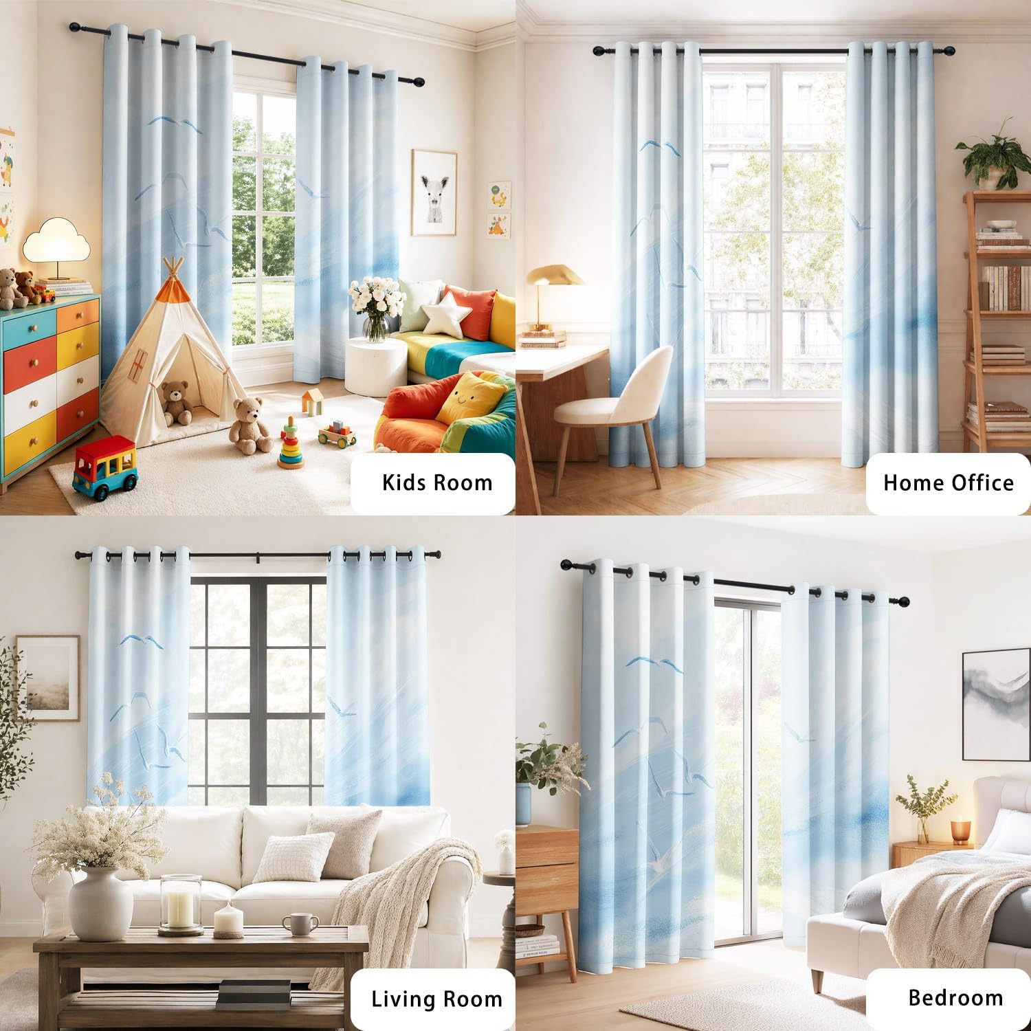 Generisch Strand Möwen Himmel Blickdichte Vorhänge, B 110 x H 215 cm Verdunklungsvorhänge mit Ösen, Thermovorhänge für Wohnzimmer, Schlafzimmer, Aquarell Meer 2er-Set