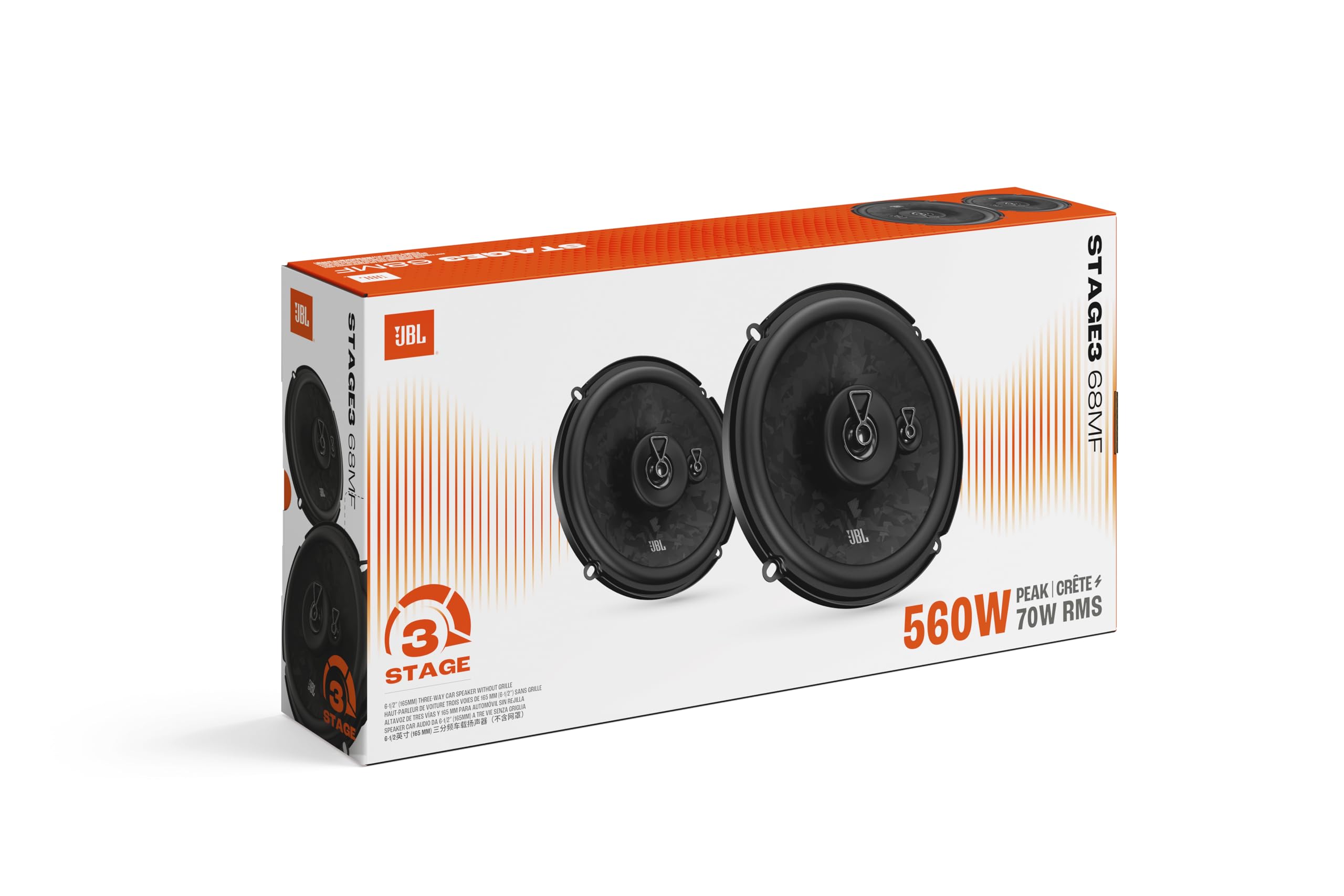 JBL Stage3 Gen2 68MF Coppia Altoparlanti Auto Coassiali a 3 Vie, 16,5 cm (165 mm), 95W RMS / 560W Picco, Tecnologia Woofer Plus One™, Tweeter PEI, Impedenza 3 Ohm, Senza Griglie (Flush Mount)