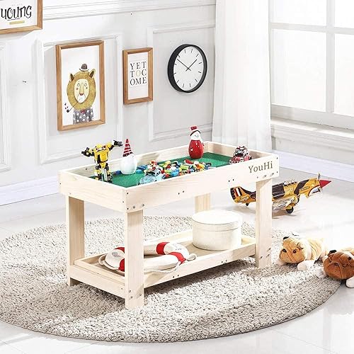 Miniatura 14 de YouHi Mesa de actividades para niños con tabla y almacenamiento para mesa de juegos de ladrillos (mesa doble blanca) Blanco,Marrón,color madera