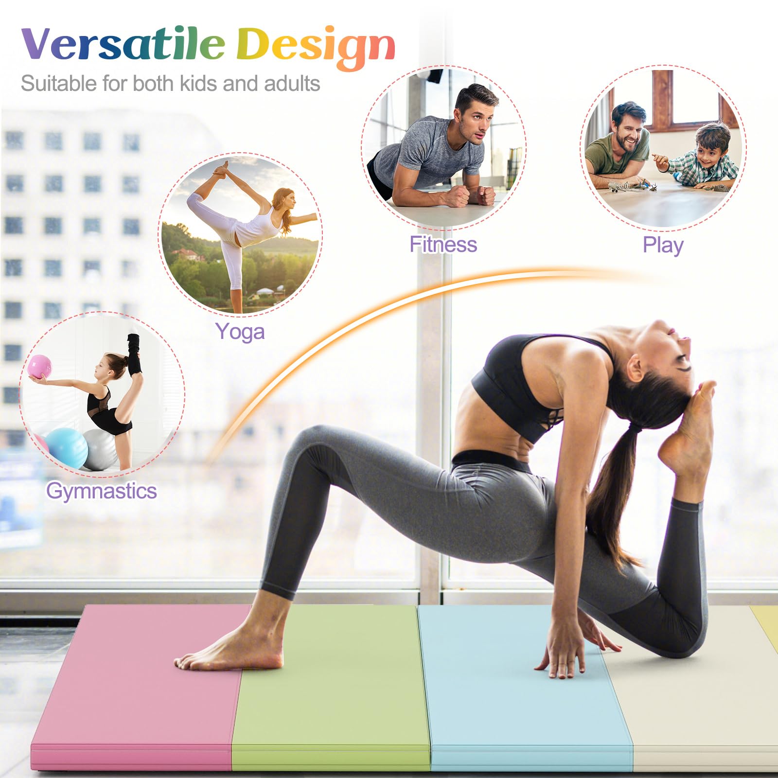 FANTASK Klappbare Weichbodenmatte, 180 x 120cm, Fitnessmatte aus PU 3 fach faltbar, Weichbodenmatte mit Tragegriff, Sportmatte Spielmatte zuhause für Kinder Erwachsene, Macaron