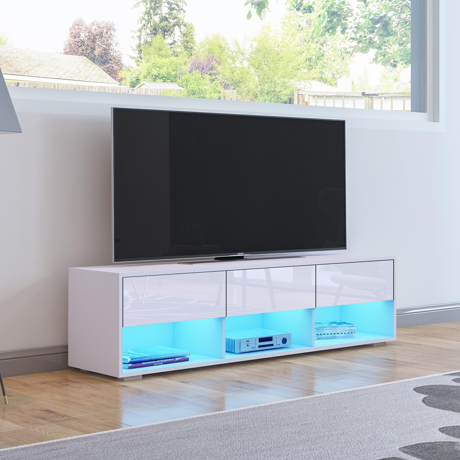 TV Stand Cabinet, 150cm Modern High Gloss TV Unit with LED lights, White