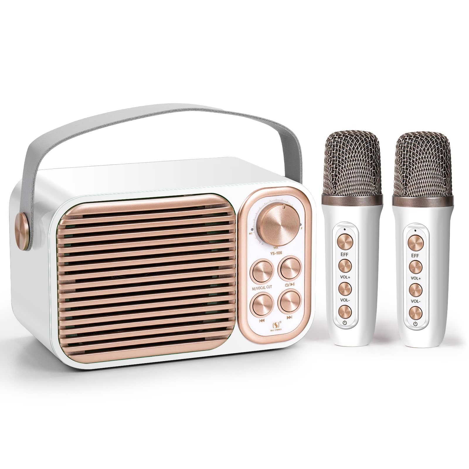Macchina per karaoke Bluetooth con 2 microfoni wireless, sistema di altoparlanti PA portatile, TF e AUX-In, bianco