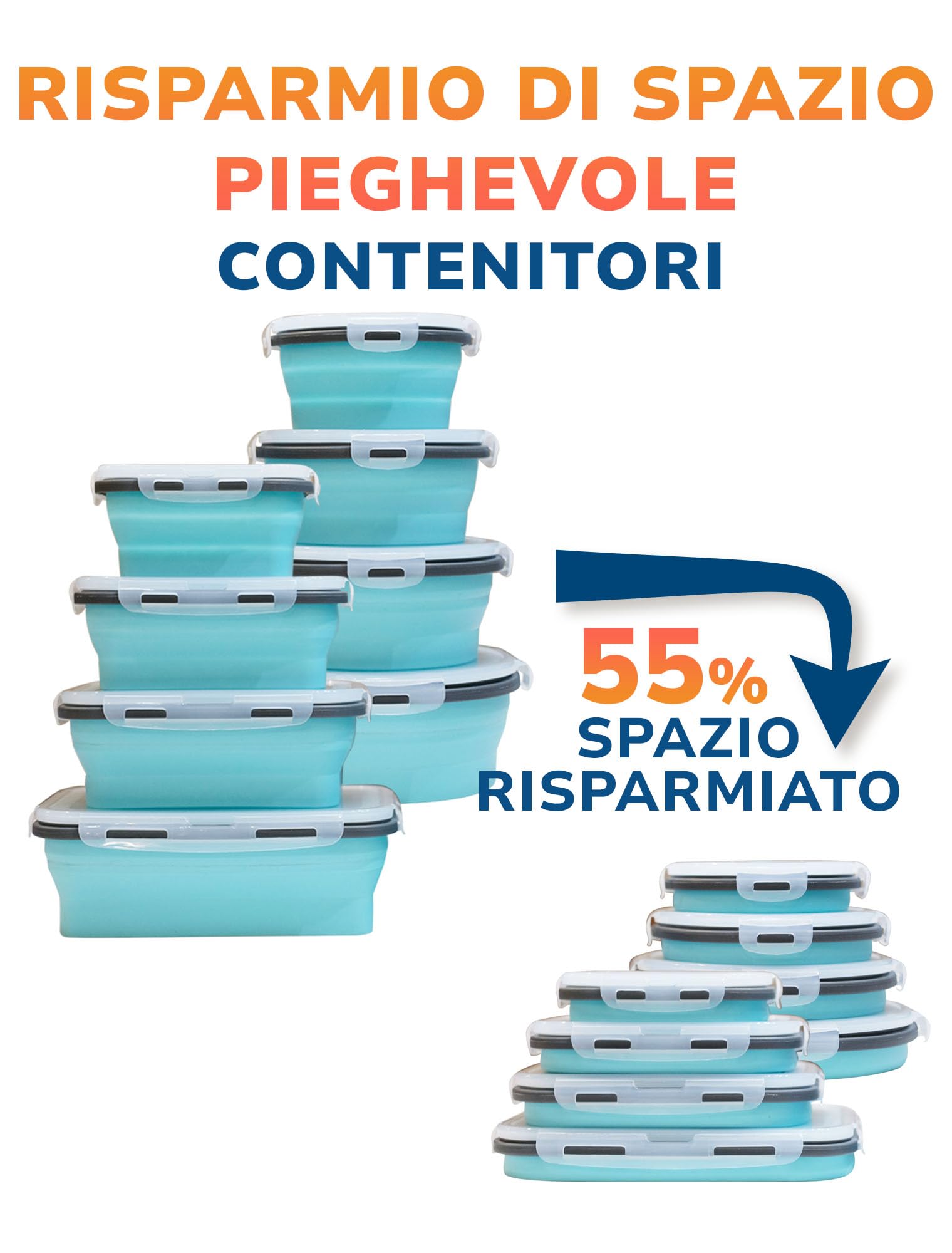 Lunememo 8 Contenitori Pieghevoli Per Alimenti, Adatti al Congelatore e Alla Lavastoviglie, Contenitori per Pranzo in silicone, Adatto per Campeggio, Coperchio, Blu