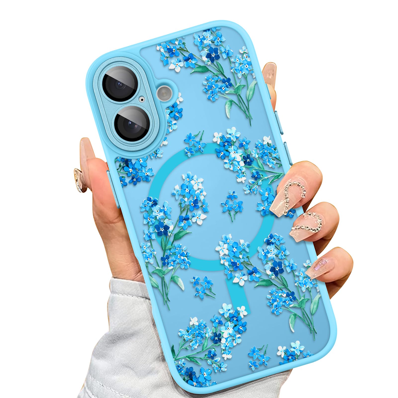AIGOMARA Custodia per iPhone 16 Plus [compatibile con MagSafe] blu motivo floreale design morbido TPU paraurti posteriore rigido in policarbonato anti-caduta antiurto sottile custodia magnetica con