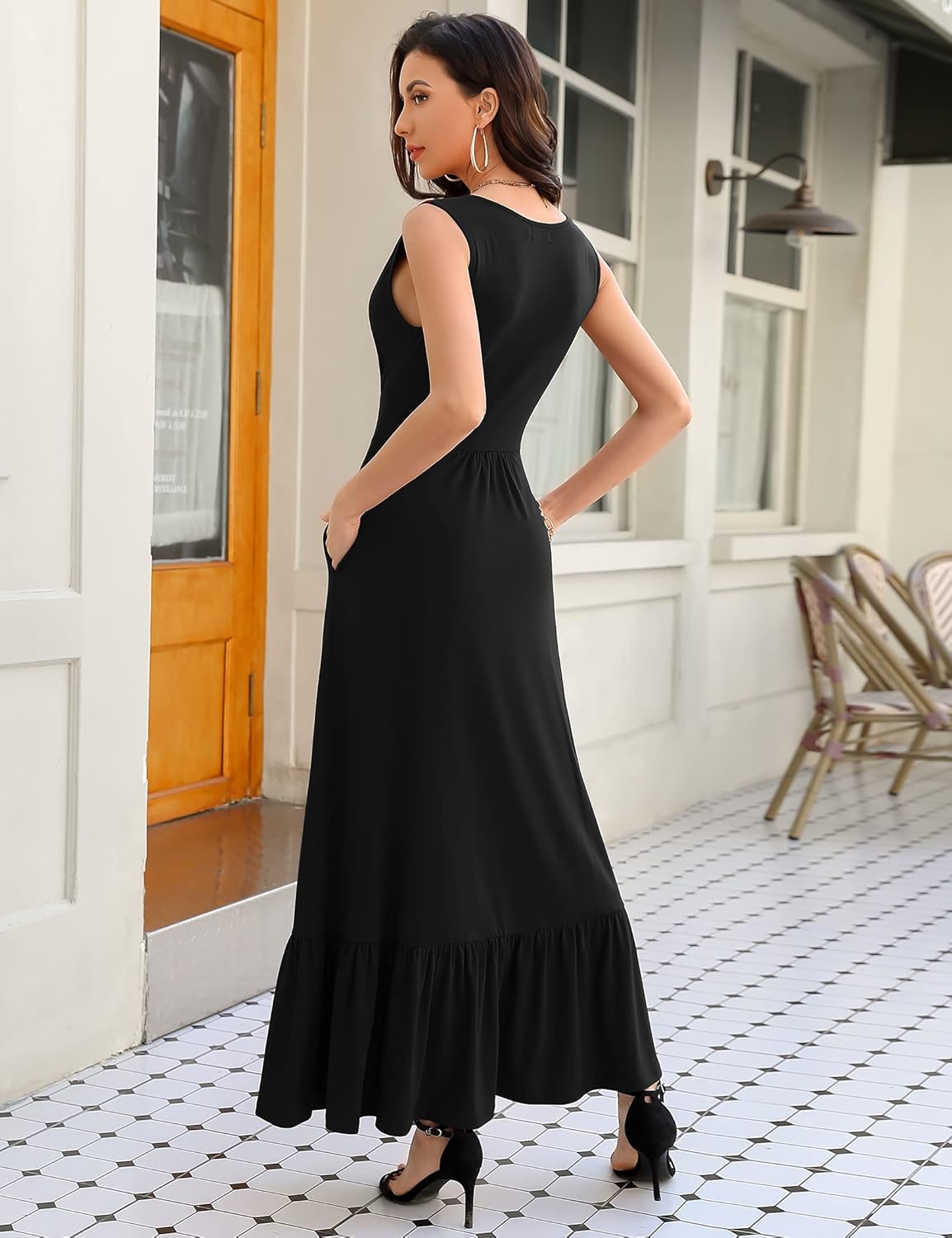 MISSKY Womens Summer Sleeveless Deep V Neck Dress Ruffles Long Maxi Casual Dresses for Women with Pockets - Image 6