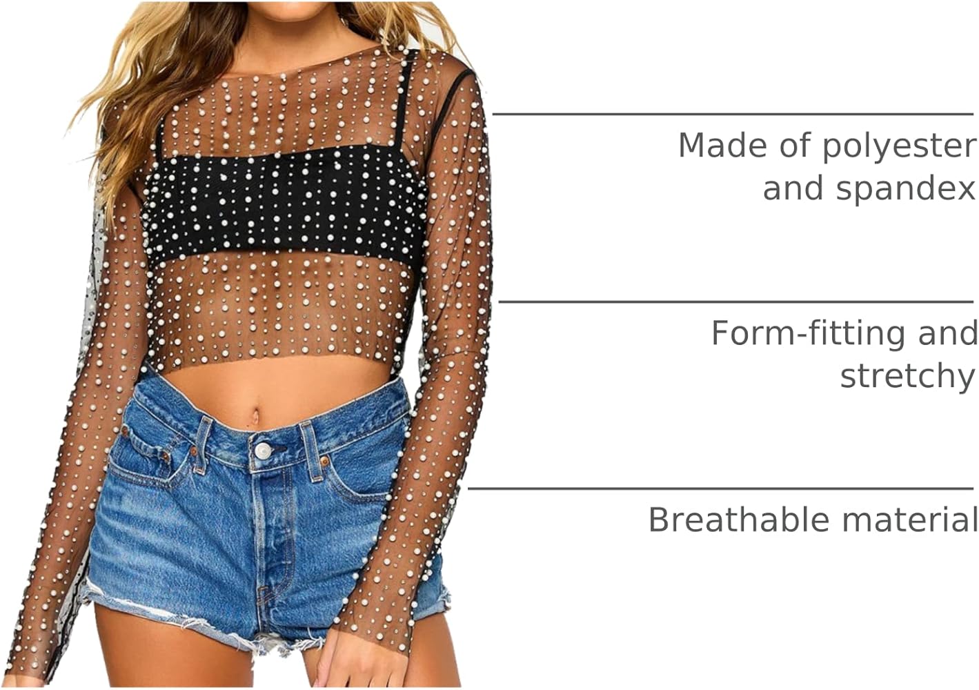 LOFAAC Women Sexy See Through Pearl Rhinestone Beaded Crop