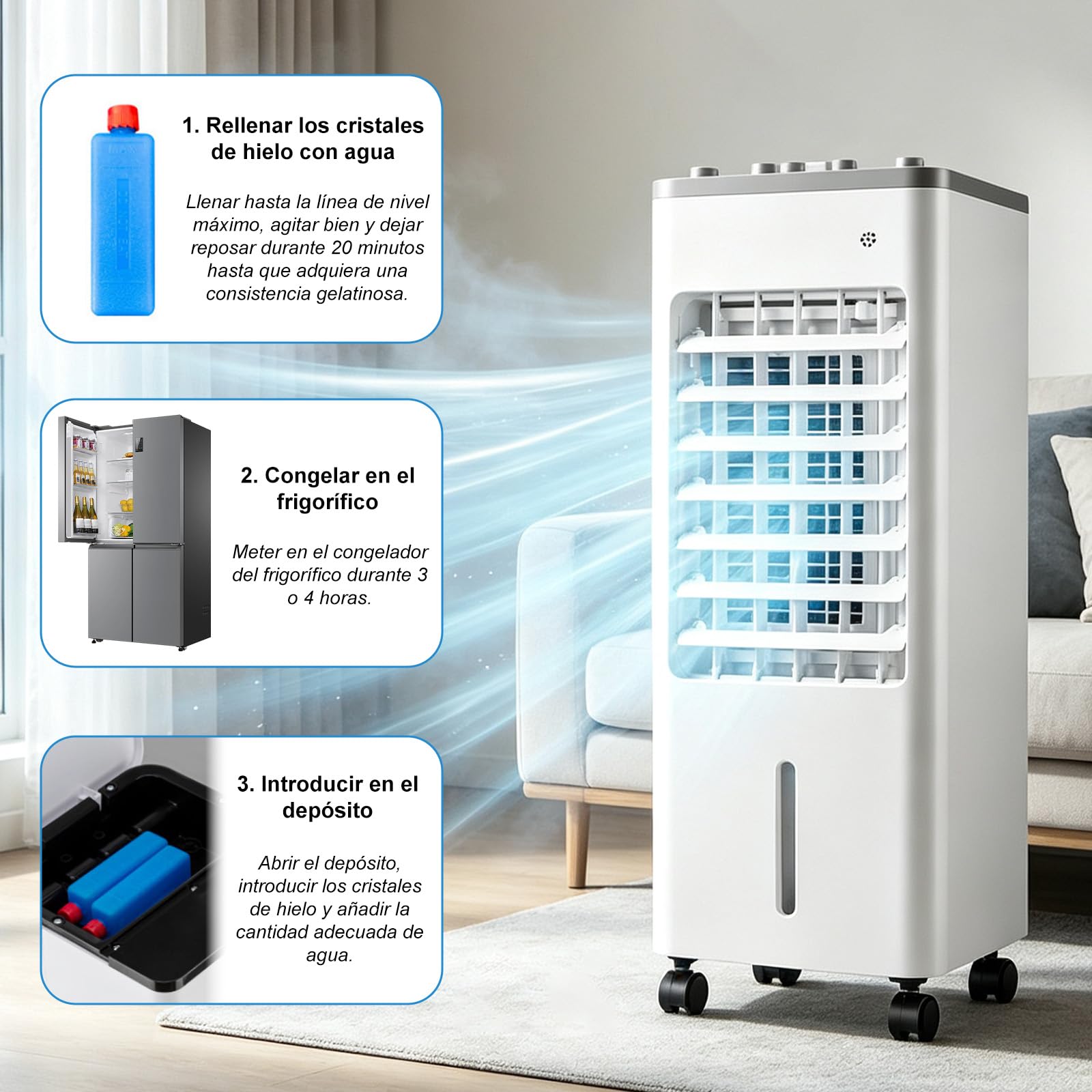 Climatizador Portátil Evaporativo,Oscilación 90°,3 Velocidades y Modo Sueño | Enfriador de Aire con Cristales de Hielo 75W Bajo Consumo, Depósito 4,1-6L,con Mando a Distancia y Ruedas para Hogar Oficina