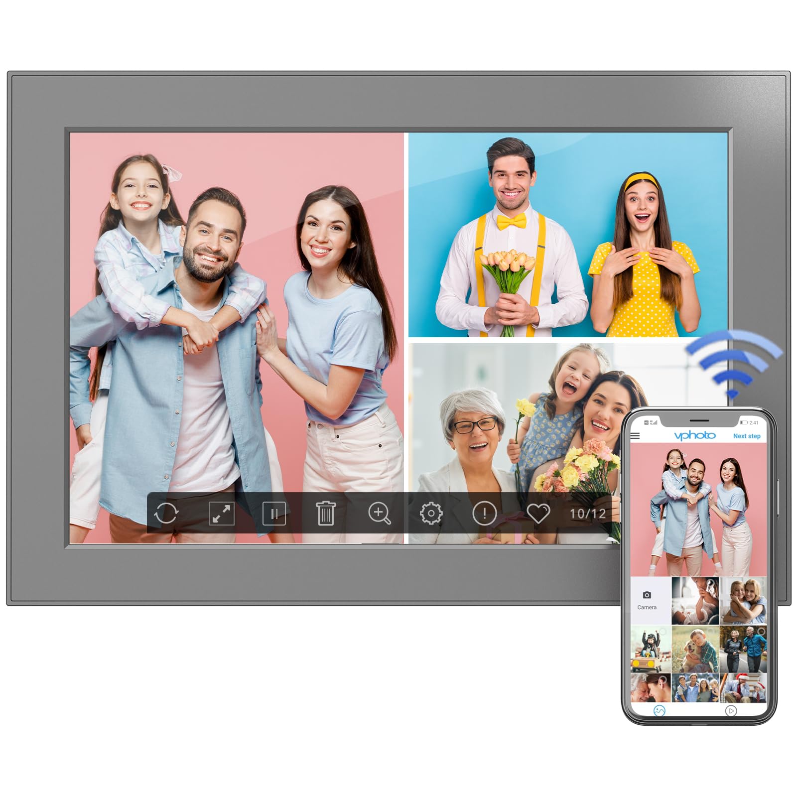 FULLJA 10.1-Inch WiFi Digital Photo Frame displaying a family photo, placed on a wooden surface with its stand.