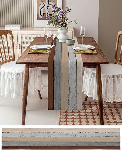 Miniatura 135 de Camino de mesa de algodón y lino estilo granja rústico retro, textura de madera de granero, color degradado marrón y gris, antideslizante,