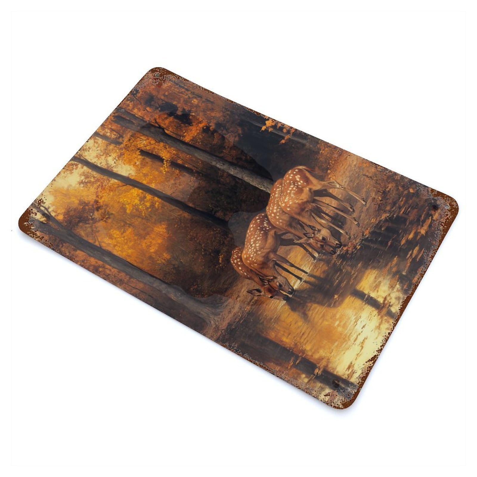 Rust Effect Deer in Autumn Forest Aged Metal Wall Plaque 11.8"x7.9", Rustic Home Decor for Bistro, Counter And Cafe Decor
