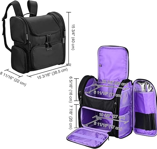 Miniatura 8 de BYOOTIQUE Mochila de maquillaje de lados suaves, portátil, organizador de almacenamiento de cosméticos de peluquería de viaje con aislamiento de