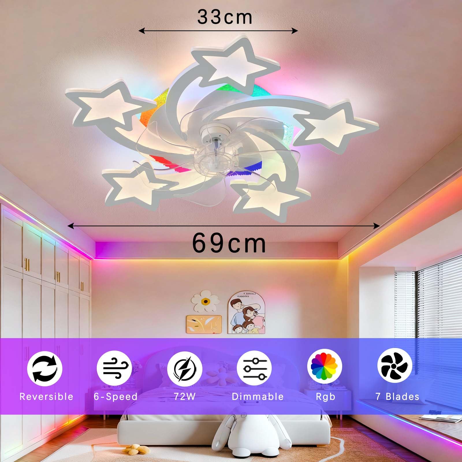 Ventilatore da Soffitto con Luce Silenzioso Star con RGB con Alexa,Plafoniera Ventilatore Reversibile Telecomando APP Tempistica,Lampadario Ventilatore Dimmerabile,6 Velocità,Camerette,Bianco