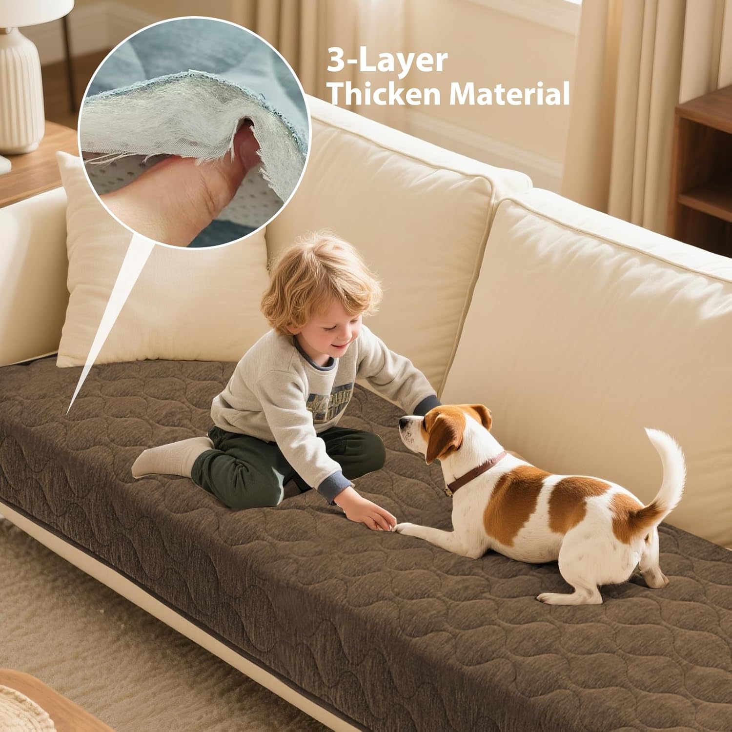 Gollense Couch Cover for Dogs Washable Non Slip Sofa Covers for 2 Cushion Couch Pet Friendly Quilted Chenille Loveseat Slipcover Furniture Seat Protector for Cats Kids (Brown, 35.8" x 62.9")