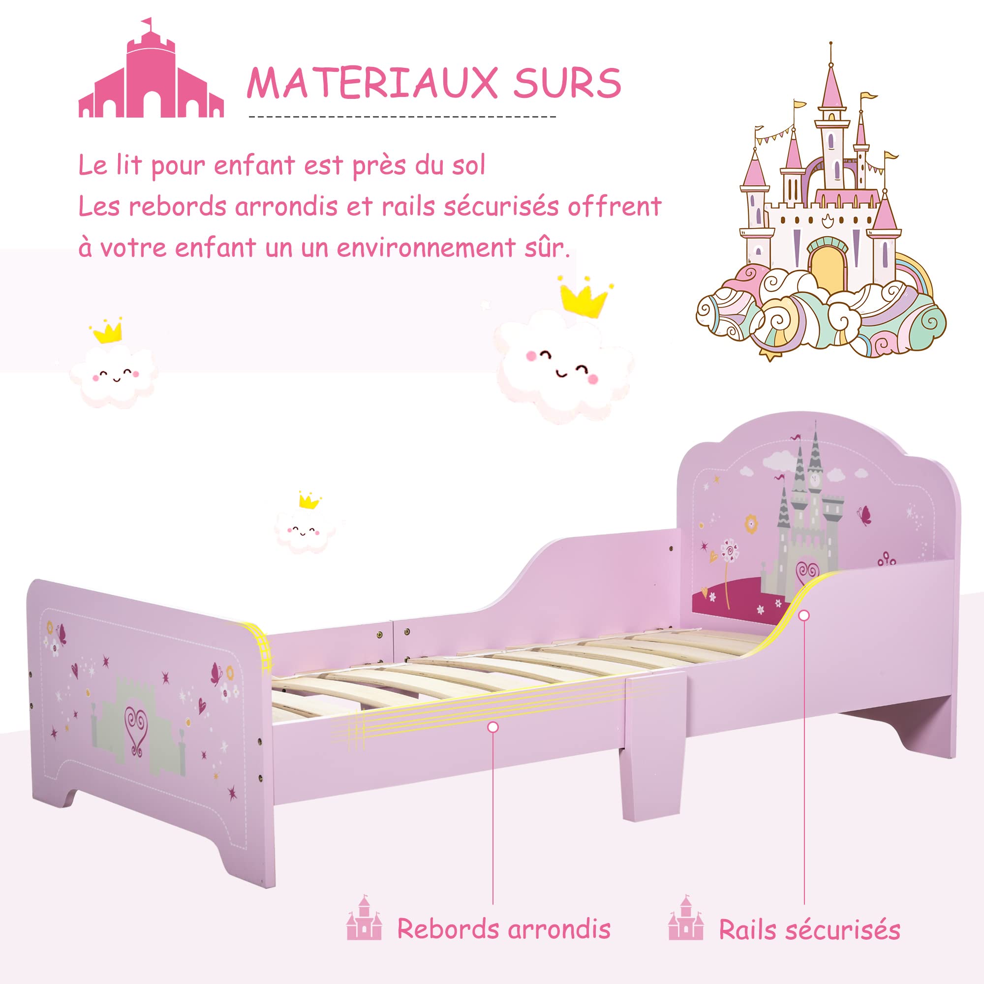 HOMCOM Lit Enfant 140 x 70 cm Design Princesse Sommier À Lattes Rose | Lit D'Enfant, Motif Château, MDF Contre-Plaqué