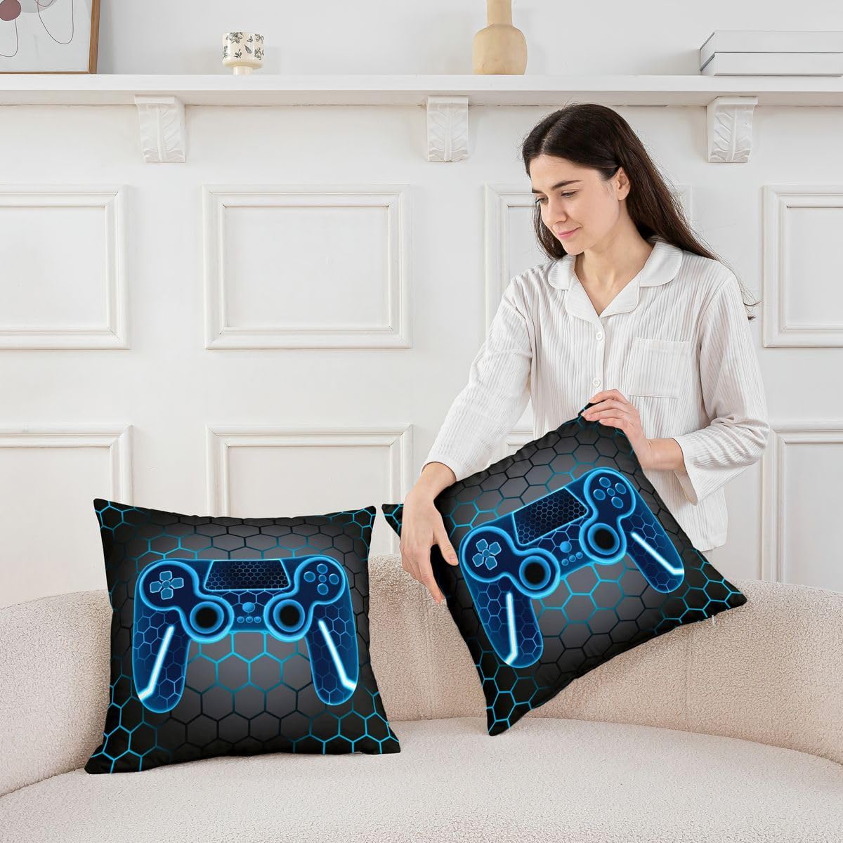 Castle Fairy Gamepad Kids Throw Pillow Cover,Gaming Video Game Console Geometric Double Sides Pillow Case,Honeycomb Hexagon Modern Home Decor,Blue Black Bed Couch Sofa Cushion Cover,2 Pack 18"x18" image 4