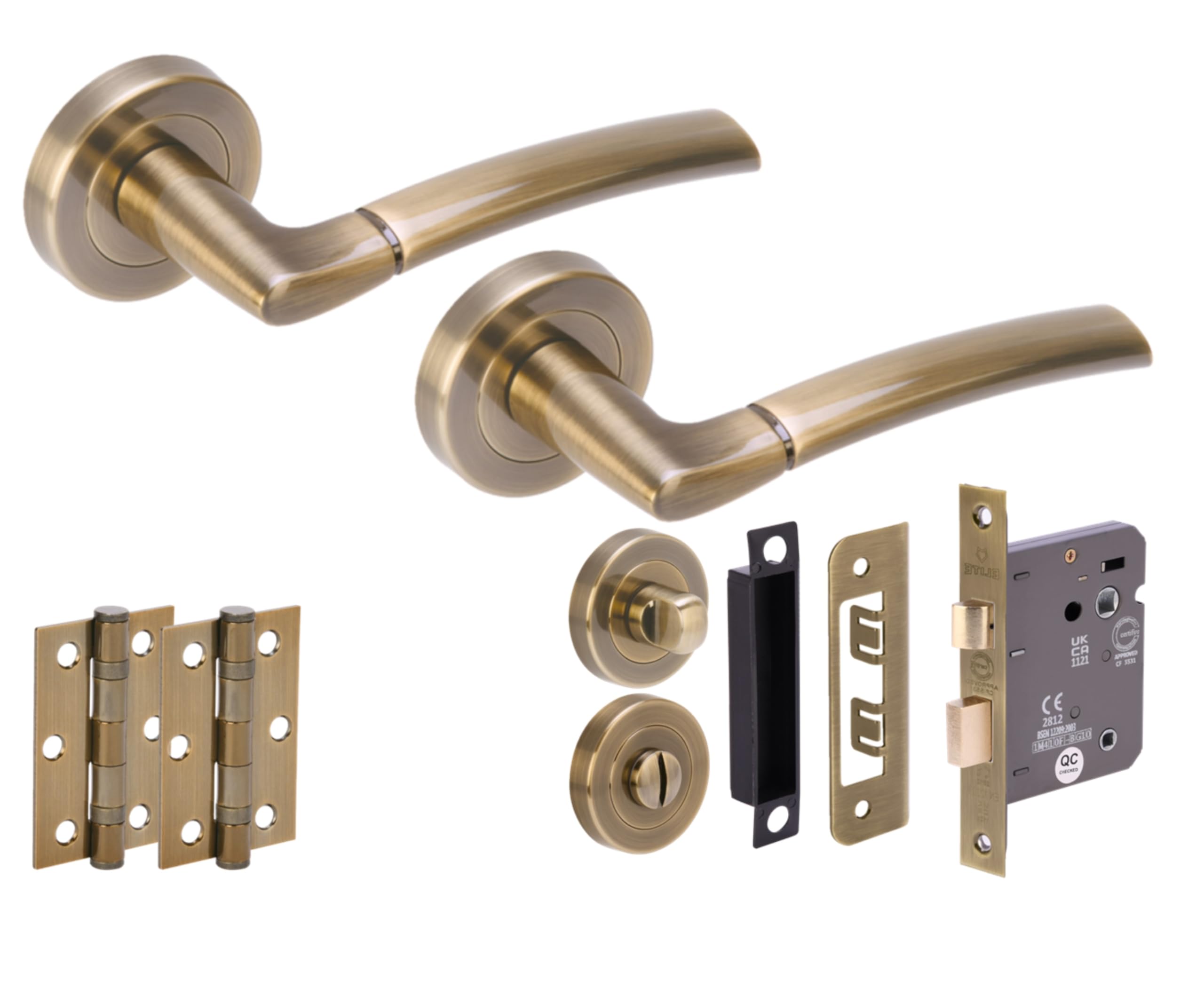 Hunta HANDLEZONE® Neemo Door Handles on Rose Bathroom Lock Pack with Ball Bearing Hinges - Antique Bronze