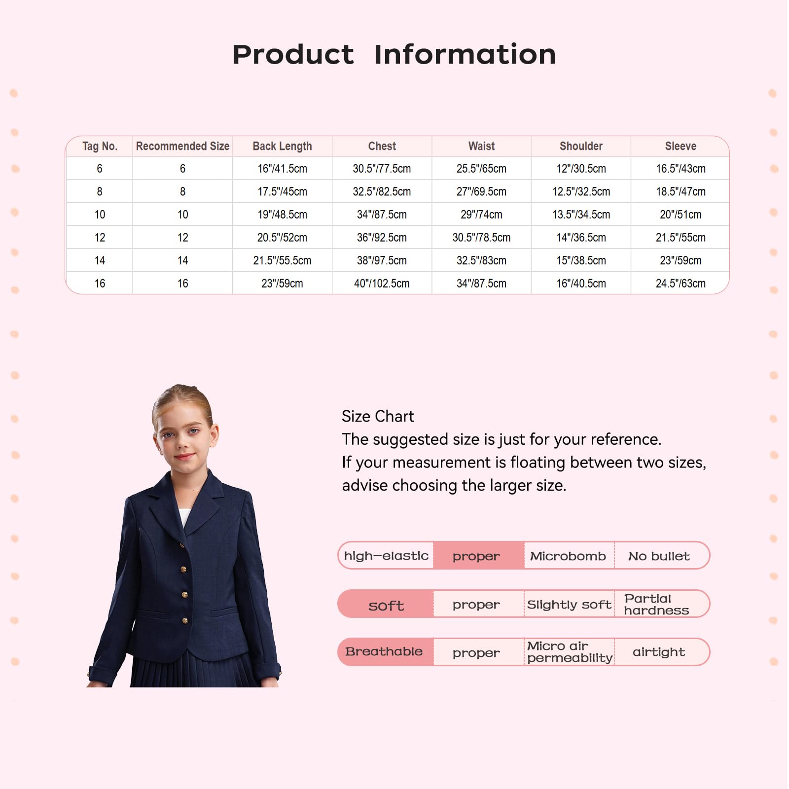 TTAO Blazers D'uniformes Scolaires Enfant Fille Veste Blazer Manches Longues Col à Revers avec Poches Extérieur Veste Blazer Décontractée 5-16 Ans
