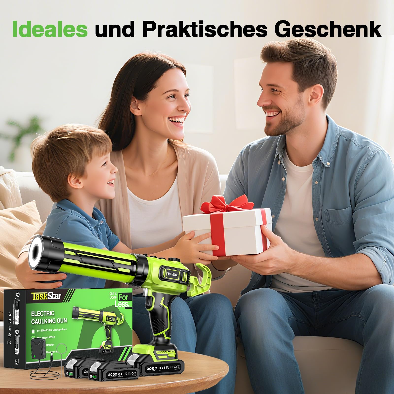 Taskstar Kartuschenpresse Akku mit 2 Akkus und LED-Licht, Akku Silikonpistole Kompatibel mit Makita 18V Akkus für 300ml-Kartuschen zum Verstemmen und Abdichten(Grün) | 2026 Kartuschenpresse Akku mit 2 Akkus und Bürstenloser Motor
