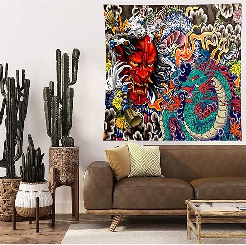 Miniatura 3 de Aidatain Tapiz de dragón japonés Oni para colgar en la pared, tapiz estético de anime para hombres, dormitorio, sala de estar, tela de franela, 60