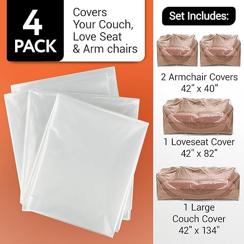 Miniatura 3 de IMPRESA Paquete de 4 fundas de plástico para muebles para mudanza y almacenamiento, fundas de sofá para sofá, sofá biplaza y 2 sillones, funda de