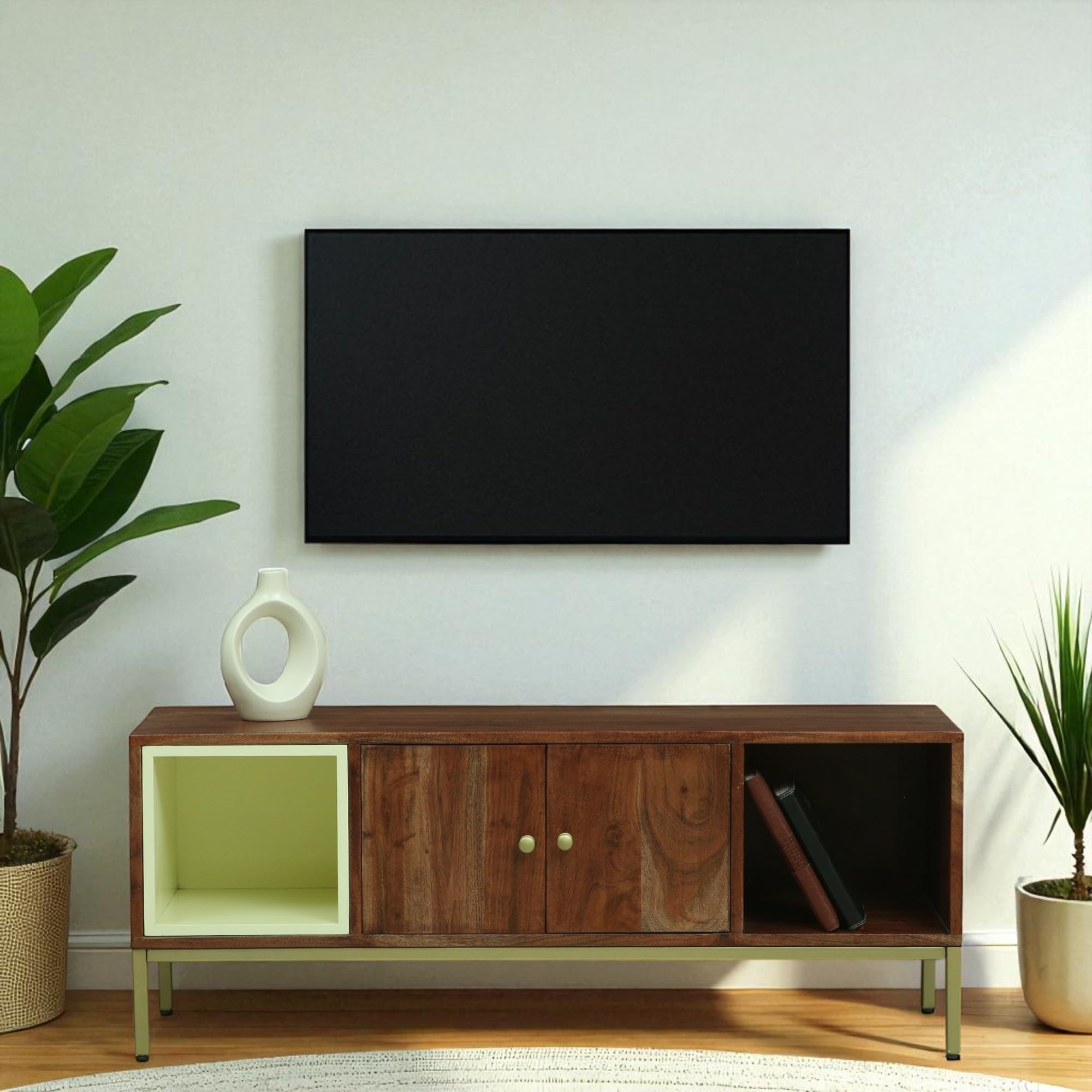 Kraft Bazaar Kalki Solid Acacia Wood TV Console | Entertainment Unit with Storage | TV Cabinet | Cabinet with Storage | Finish - Tubaq & Off White-image-14