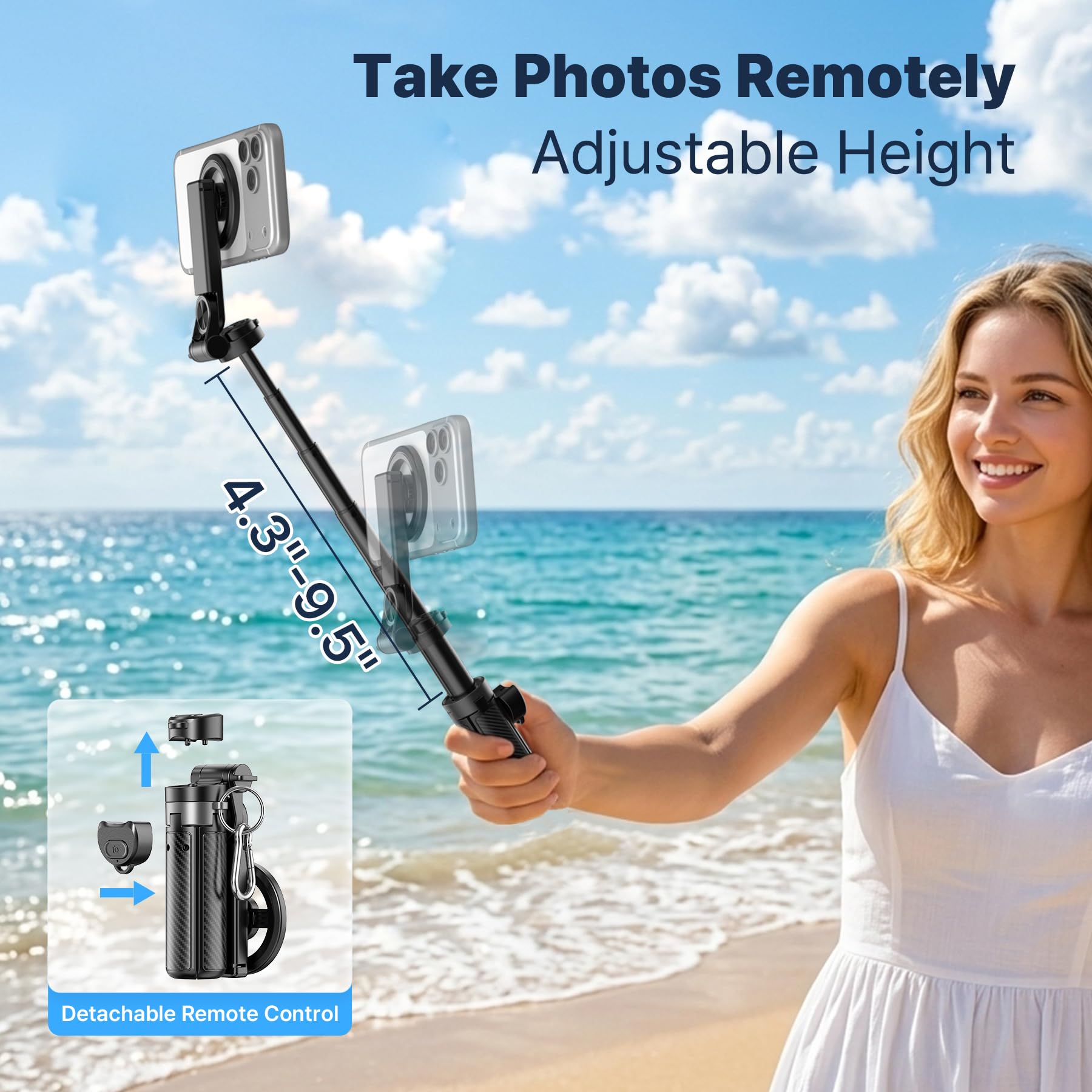 Bastone per selfie magnetico tascabile per iPhone, leggero mini selfie stick treppiede con telecomando staccabile, compatibile con MagSafe, supporto per telefono estensibile pieghevole per viaggi/vlog