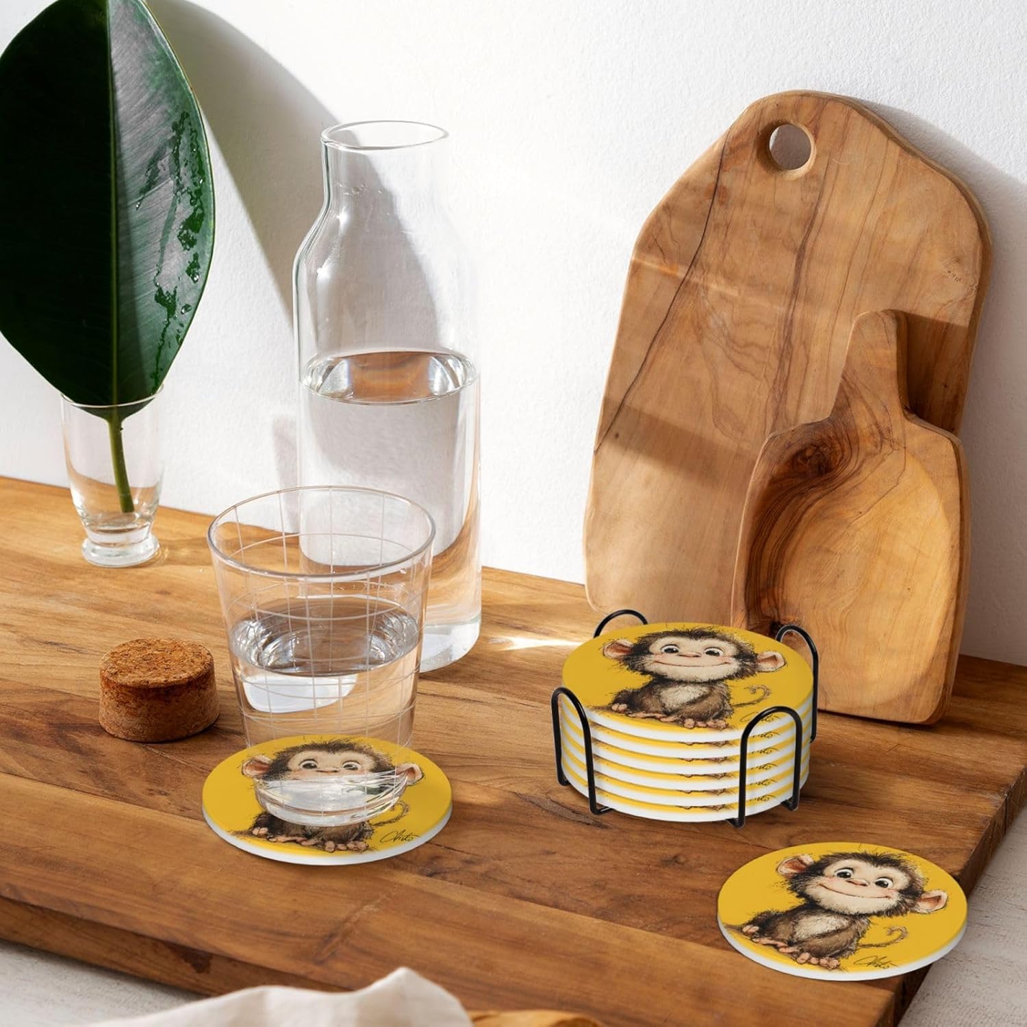(Cute Monkey) Ceramic Coasters Set of 6 with Holder Non-Slip Round Coffee Coasters for for Cup Mug Drink Patio Coffee Table Decor, Christmas Coasters Home Bar Supplies