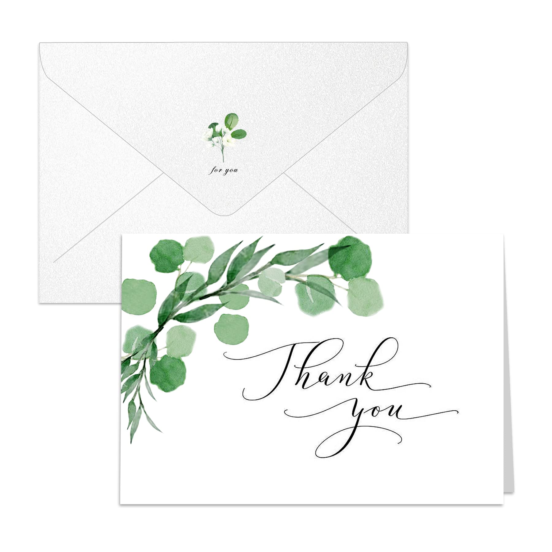 Photo 1 of 8 Packs of Thank You Cards with Matched White Shimmering Envelopes – Greenery Design Perfect for Wedding, Baby Shower, Birthday, Funeral to Say Thanks 127*178mm Folded (683)