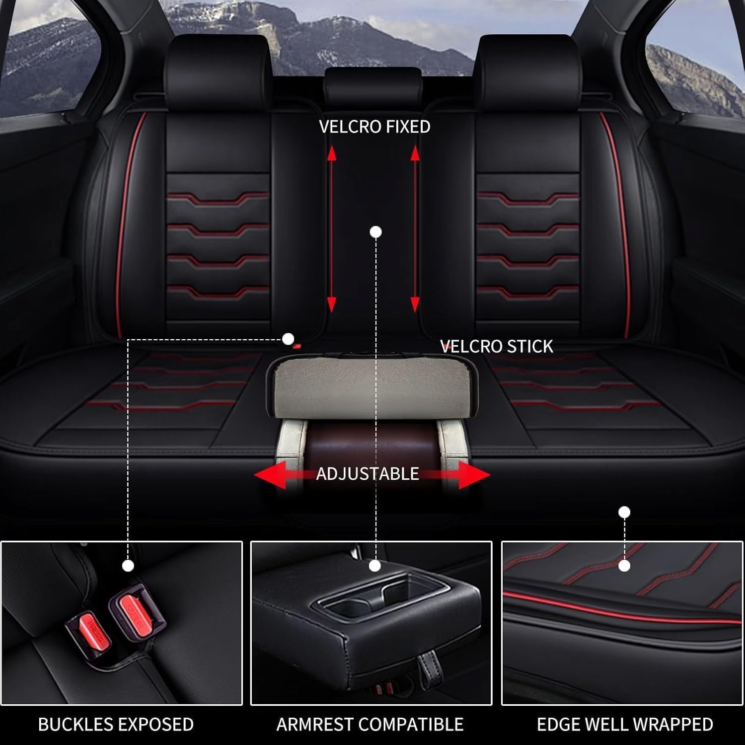 Seat Covers Fit for Kicks 2018-2023 2024 2026 Seat Covers Full Set Car Seat Covers Faux Leather Breathable Waterproof Car Seat Protector (5 Seats, Black&Redline)