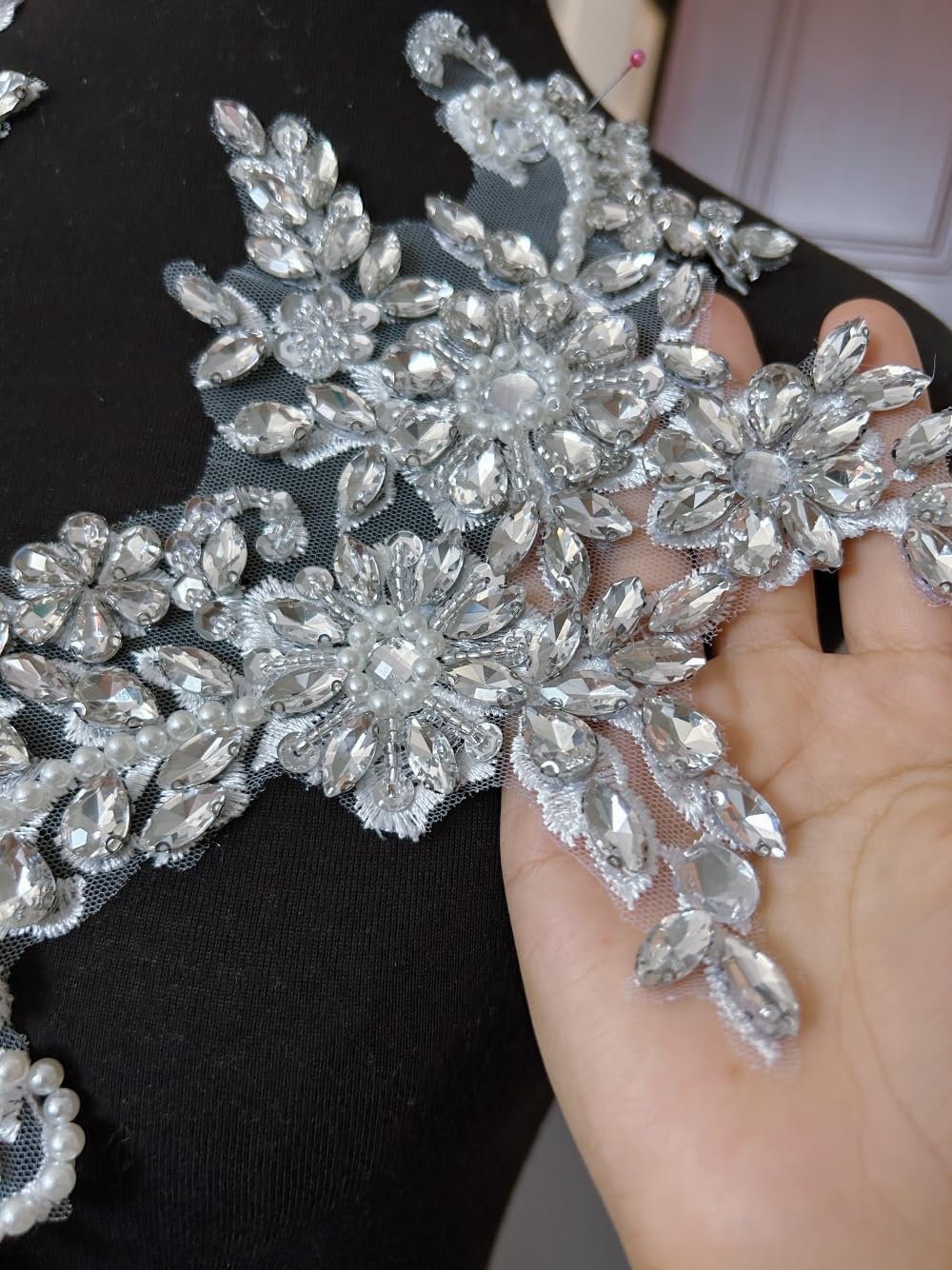Sewing Costumes Lace Patches and Appliques Designer DIY Bodice Chest Decoration Ornament with Glass Acrylic Crystals Rhinestones for Sew on Wedding Dress Elegant Clothing Prom (White)