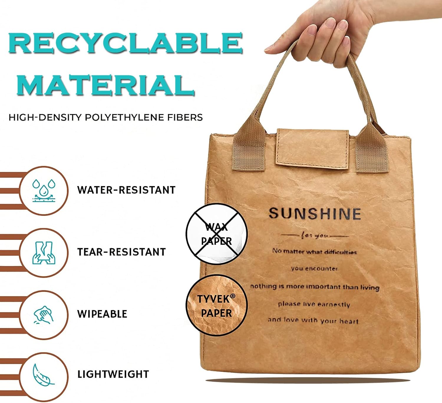 Lunch Bag - Women/Men, Easy to Clean Reusable Lunch Box, Insulated, Water-Resistant, Thermal Liner & Durable Fabrics | Simple Design, Classic Brown - Image 6