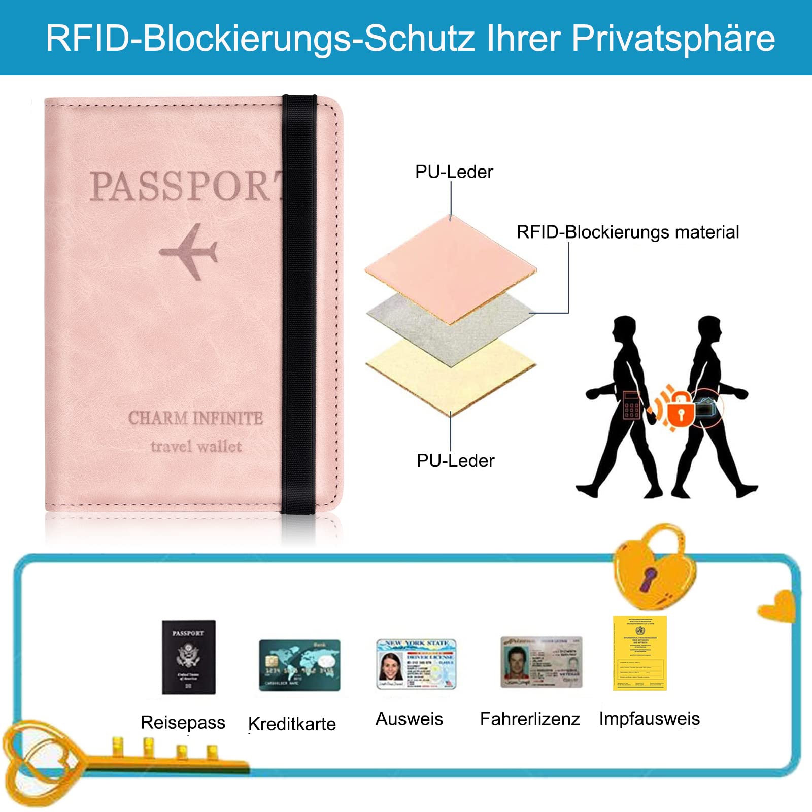 Toctax Custodia per passaporto, copertina per passaporto con blocco RFID, supporto per passaporto per donna e uomo, custodia da viaggio per documenti di viaggio