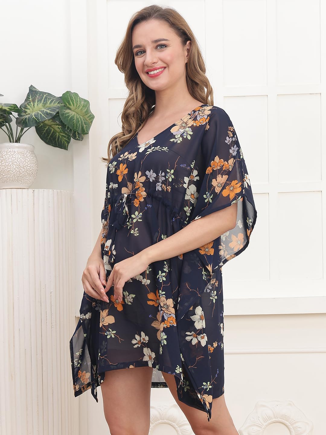 Claura Women's Beach Cover up Sarong, Orange Floral Print, Georgette, Free Size, Lightweight Swimwear Top (Navy) 2