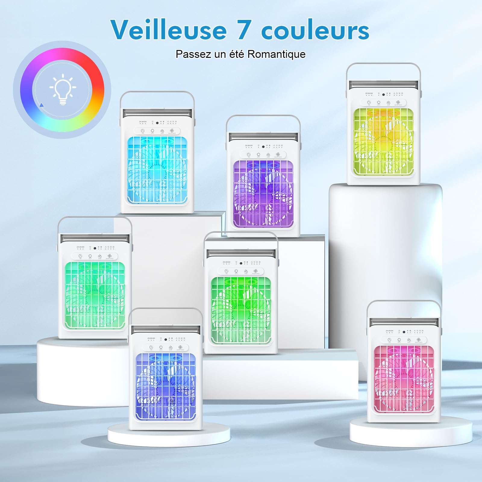Mini Climatiseur Portable 3-en-1, Réservoir d'Eau 1L, 4 Vitesses Réglables, 3 Minuteurs, Lumière RVB Intégrée, Climatiseur Mobile Silencieux avec Télécommande pour Maison, Bureau