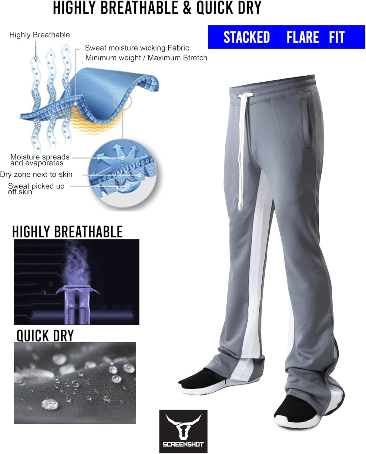 SCREENSHOT Track Pants 3202 Mens Streetwear Premium Stacked Flare Fit Urban Track Pants Workout Athletic Bottoms - Image 3