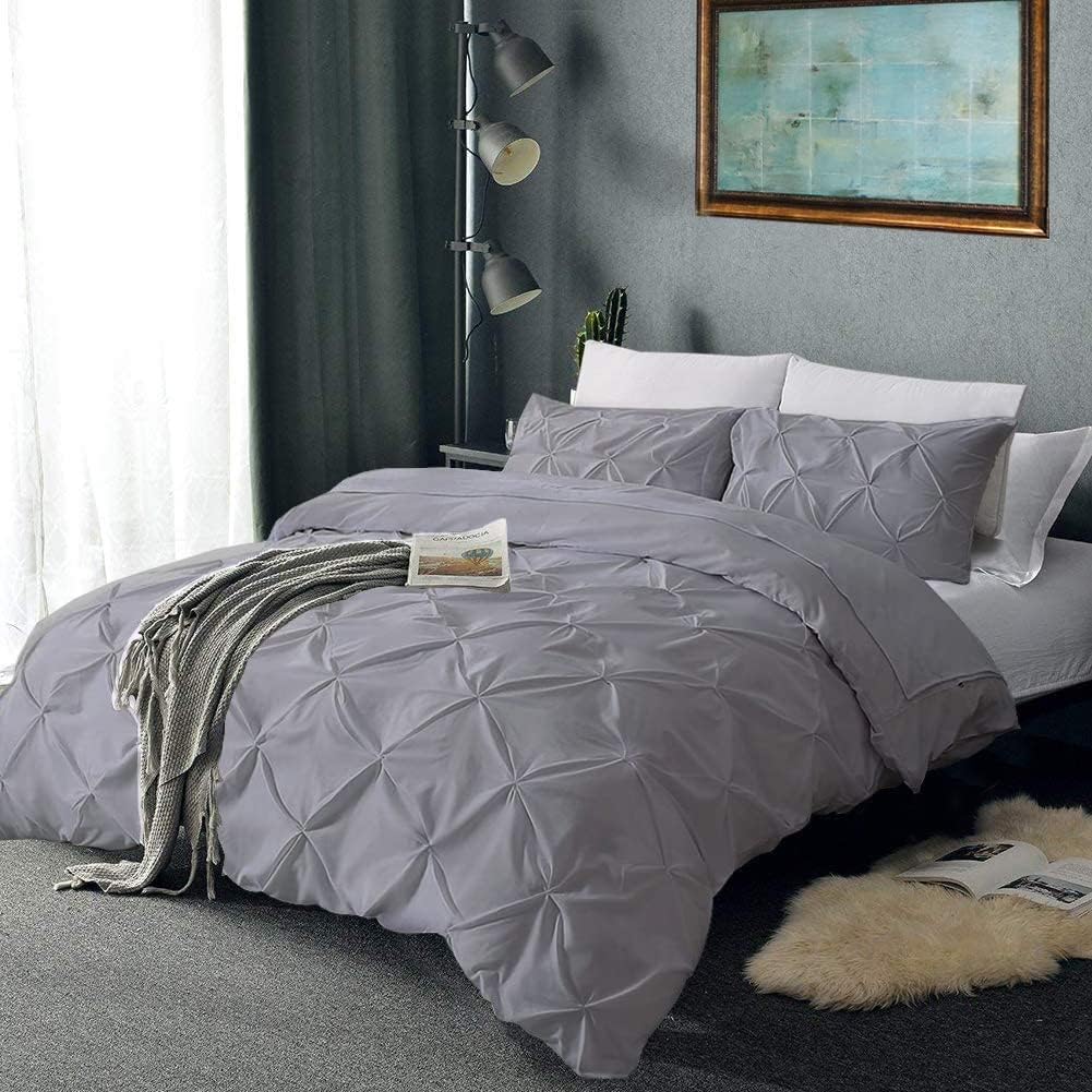Pinch Pleated 3 Piece Duvet Cover Set 100% Egyptian Cotton 800 Thread Count with Zipper & Corner Ties, Queen/Full (90" x 90") Size - Silver Solid