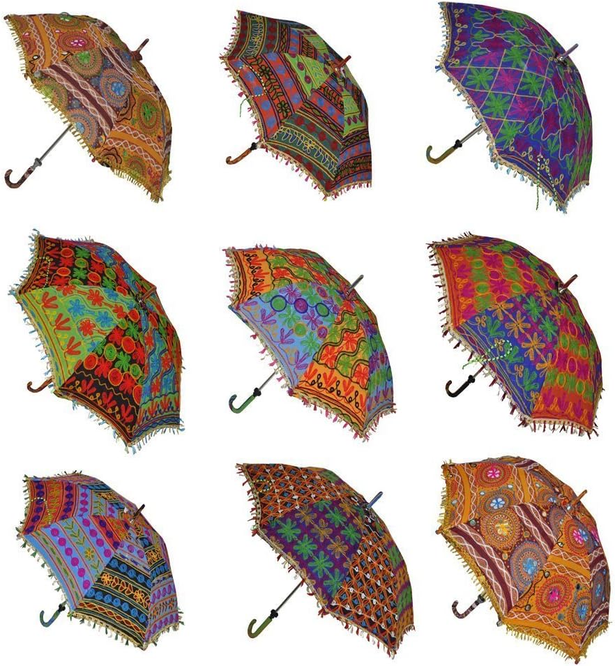 Radhy krishna fashions Indian Wedding Umbrella Decoration Handmade embroidery Elephant Umbrella Decorations Mirror parasols Cotton Umbrellas Lot (Multi color)