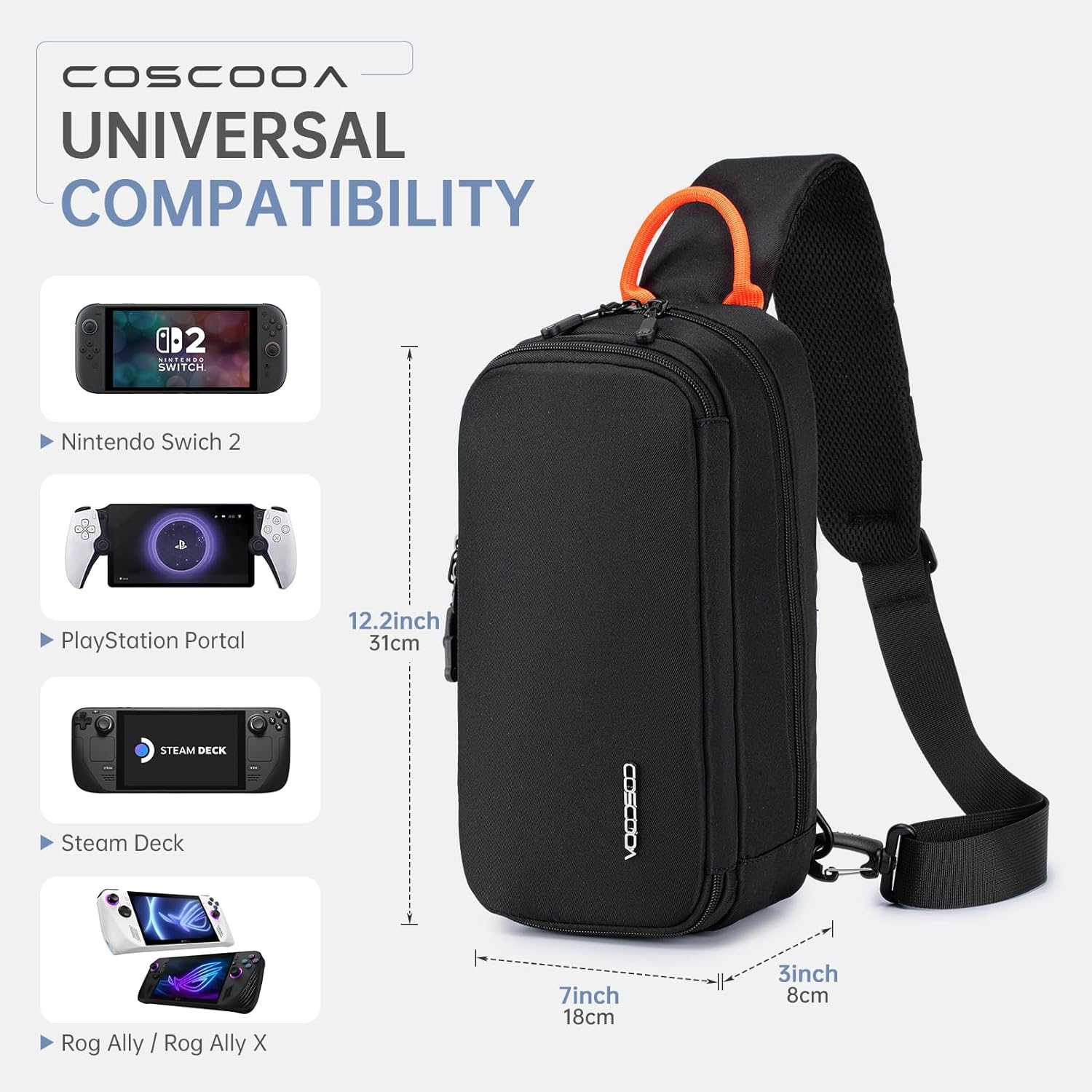 COSCOOA Sling Crossbody Bag for Steam Deck/OLED/Nintendo Switch 2 (2025)/Rog Xbox Ally X,Protective Case Travel Carrying Gaming Pouch with 10 Game Cartridges Slots,Compact Pack for Daily Use, Travel - Image 4