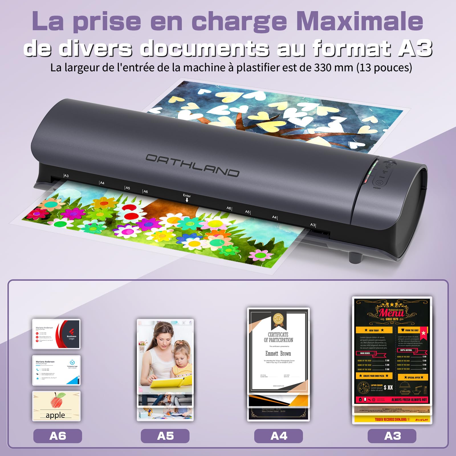 Orthland Plastifieuse A3, Machine à Plastifier 9 en 1 Thermique et Froid avec Pochettes A3 A4 A5 A6, Papier Massicot et Arrondisseur