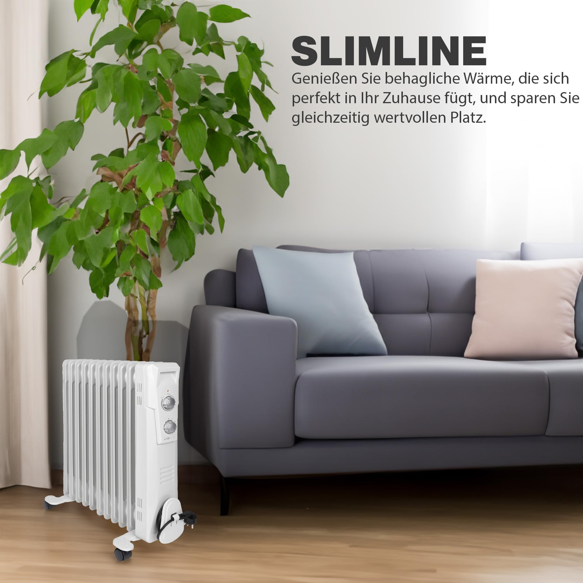 Clatronic® Radiador de aceite | Calefacción móvil eficiente | Calefacción eléctrica con 11 costillas | Radiador con 3 niveles de potencia | Radiador Slimline | hasta 50 m² | 2300 W | RA 3737
