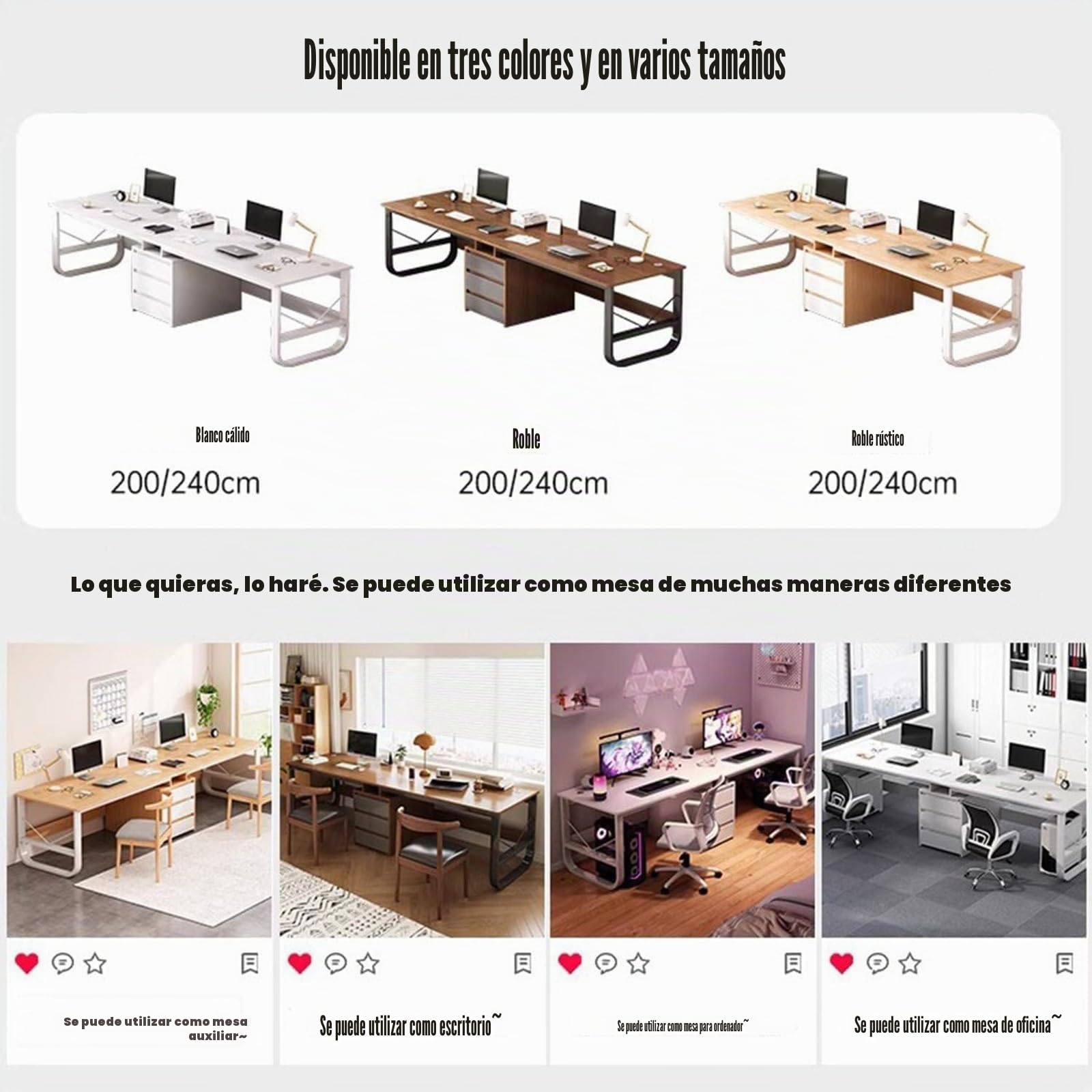 Escritorio doble, escritorio de computadora, escritorio doble con 3 cajones de documentos, escritorio de madera moderno y grande, adecuado para uso doméstico y de oficina C,240CM