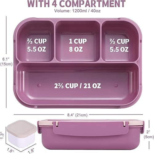 Vista 70 de Lonchera Bento para adultos, recipientes para niños y niñas con 4 compartimentos, contenedor de alimentos con utensilios, tarro de salsa, forros