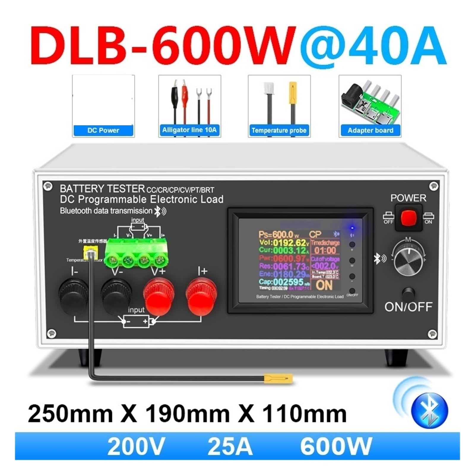 Tester della Batteria, DLB-600W 40A Monitor di capacità della batteria al litio piombo-acido Carico elettronico Tester di potenza Misuratore di scarica Strumenti di controllo auto(600W 40A)